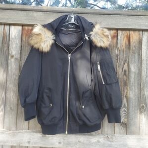 The Kooples Sport Black Bomber Jacket Puffer Detachable Fur Hood S